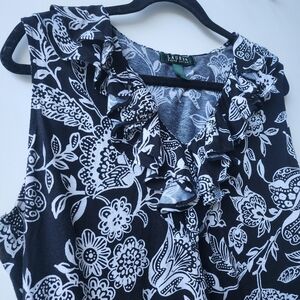 Ralph Lauren Black&White Floral Ruffle Paisley 2X Stretchy Top‎ Sleeveless EUC